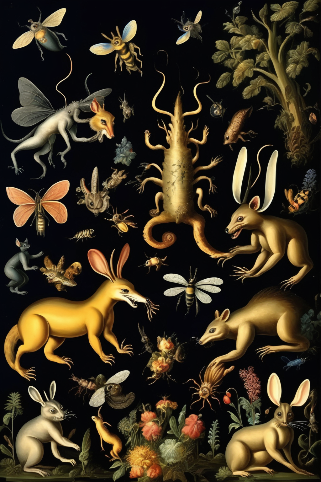 00064-1802154543-_lora_Maria Sibylla Merian Style_1_Maria Sibylla Merian Style - an old world wallpaper design with black background animals incl.png